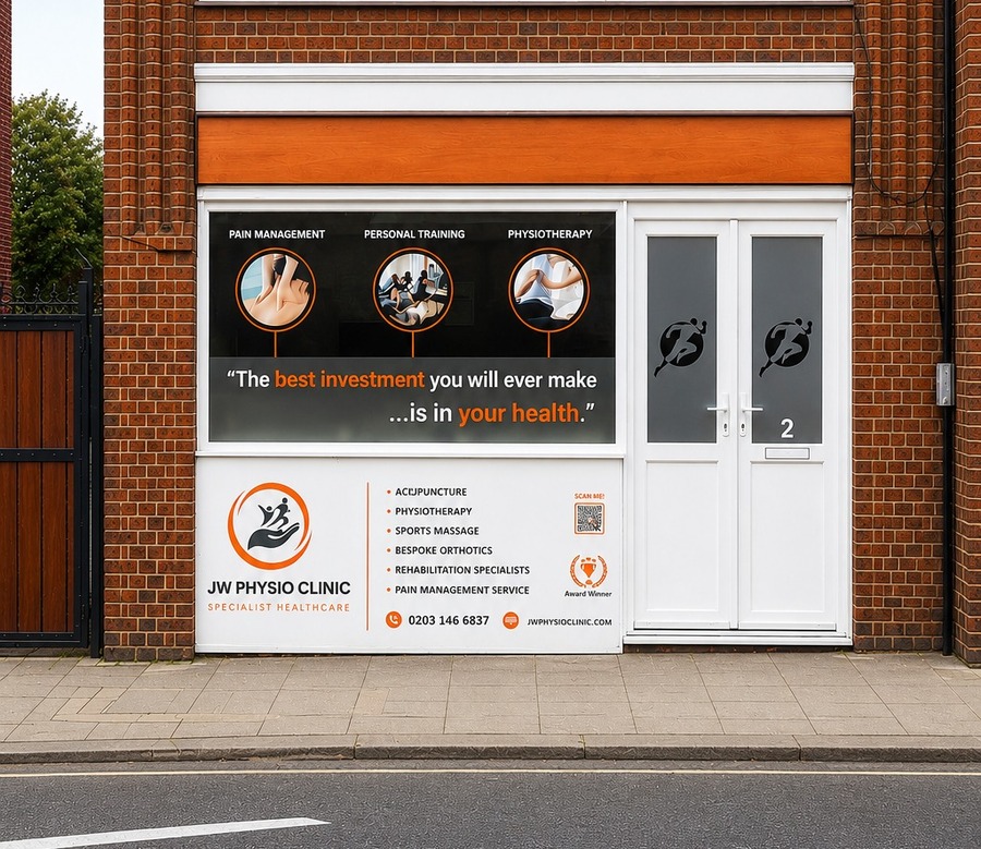 JW Physio Clinic shopfront on Old Station Road, Loughton