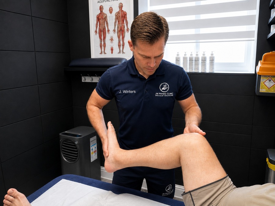 Physiotherapist performing a leg assessment at JW Physio Clinic, Loughton